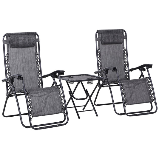 3PC Zero Gravity Chairs Sun Lounger Table Set W/ Cup Holders Light Grey