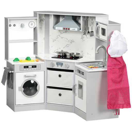 AIYAPLAY Toy Kitchen with Running Water, Lights Sounds, Apron and Chef Hat, Water Dispenser, for 3-6 Years Old - Grey