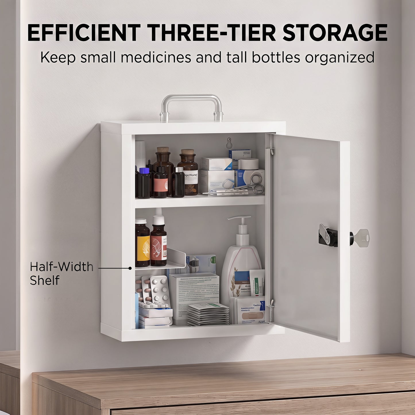 Medicine Cabinet, Medical Cabinet w/ Combination and Key Lock, White