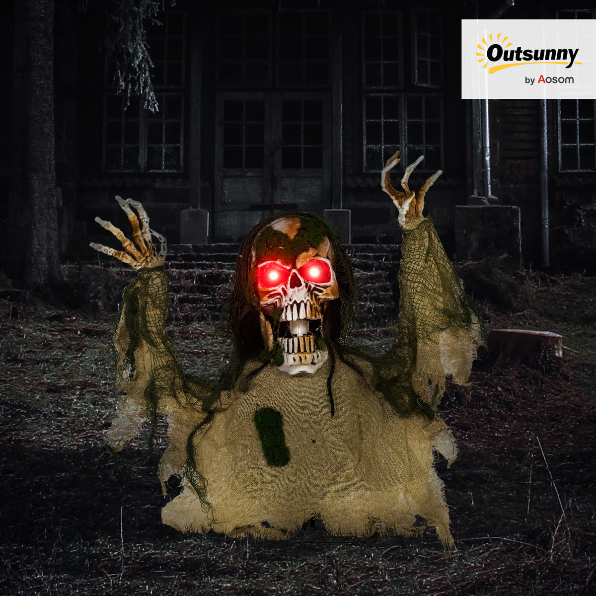 Sound-Activated Half-Body Halloween Skeleton with Moving Head and Body, Lights and Howling Sounds - Khaki