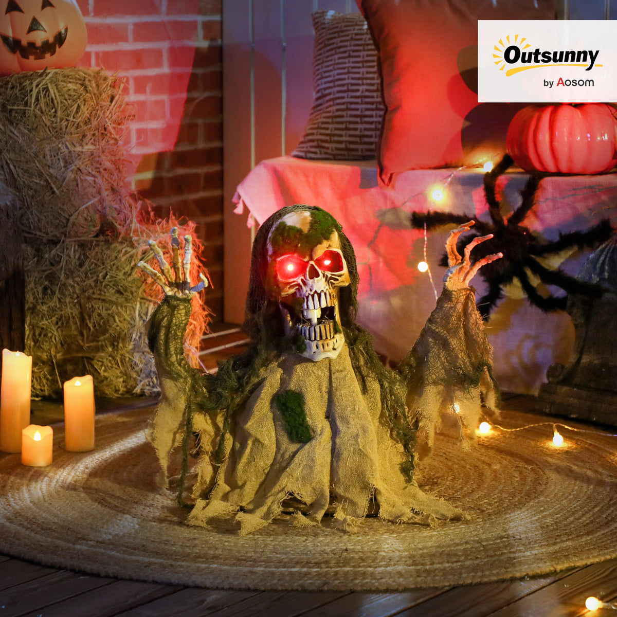 Sound-Activated Half-Body Halloween Skeleton with Moving Head and Body, Lights and Howling Sounds - Khaki