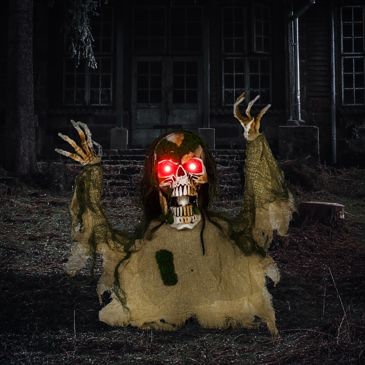 Sound-Activated Half-Body Halloween Skeleton with Moving Head and Body, Lights and Howling Sounds - Khaki