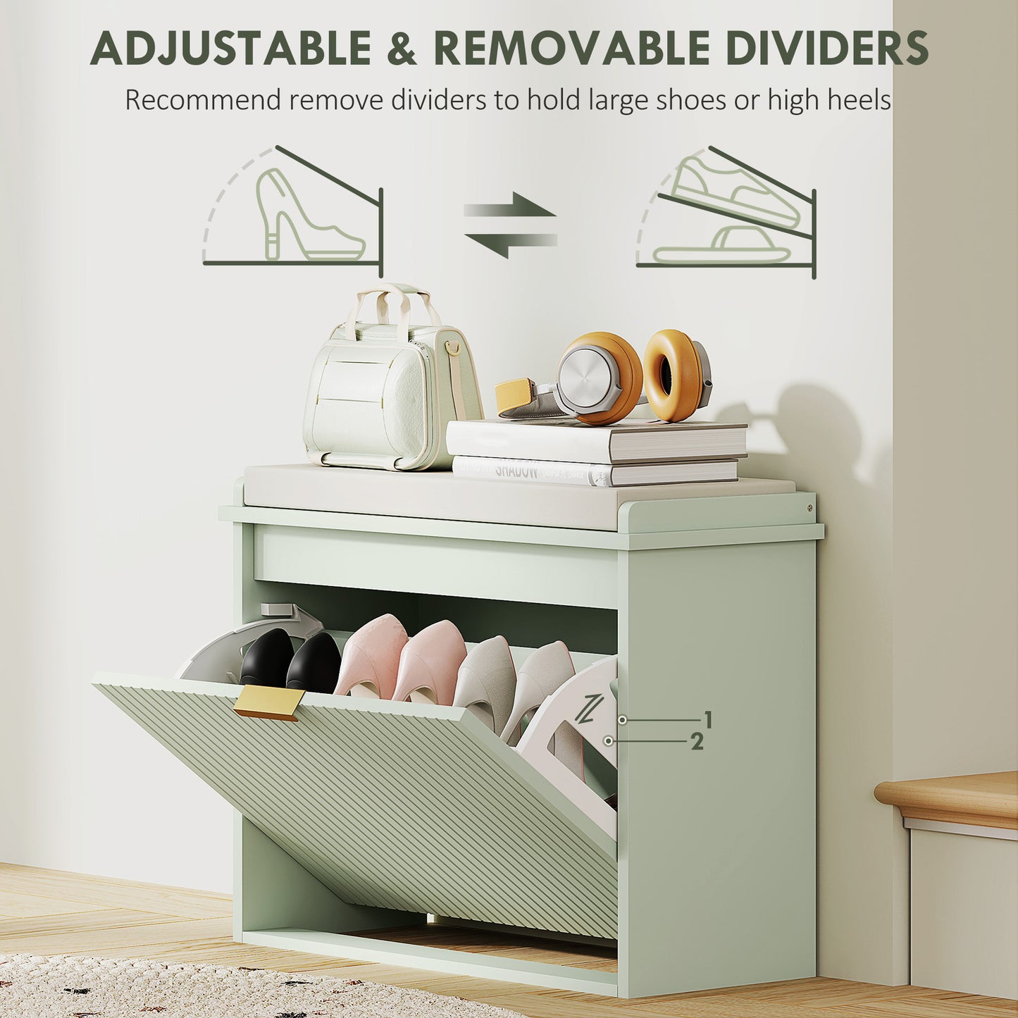 Shoe Storage Bench with Cushion and Flip-Drawer 62x26x47.5cm Green