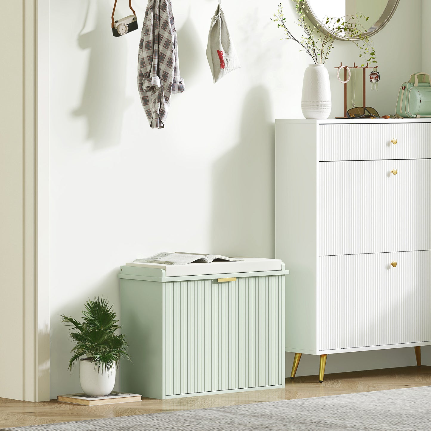 Shoe Storage Bench with Cushion and Flip-Drawer 62x26x47.5cm Green