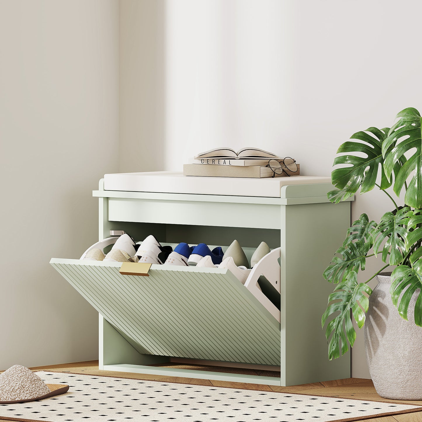Shoe Storage Bench with Cushion and Flip-Drawer 62x26x47.5cm Green