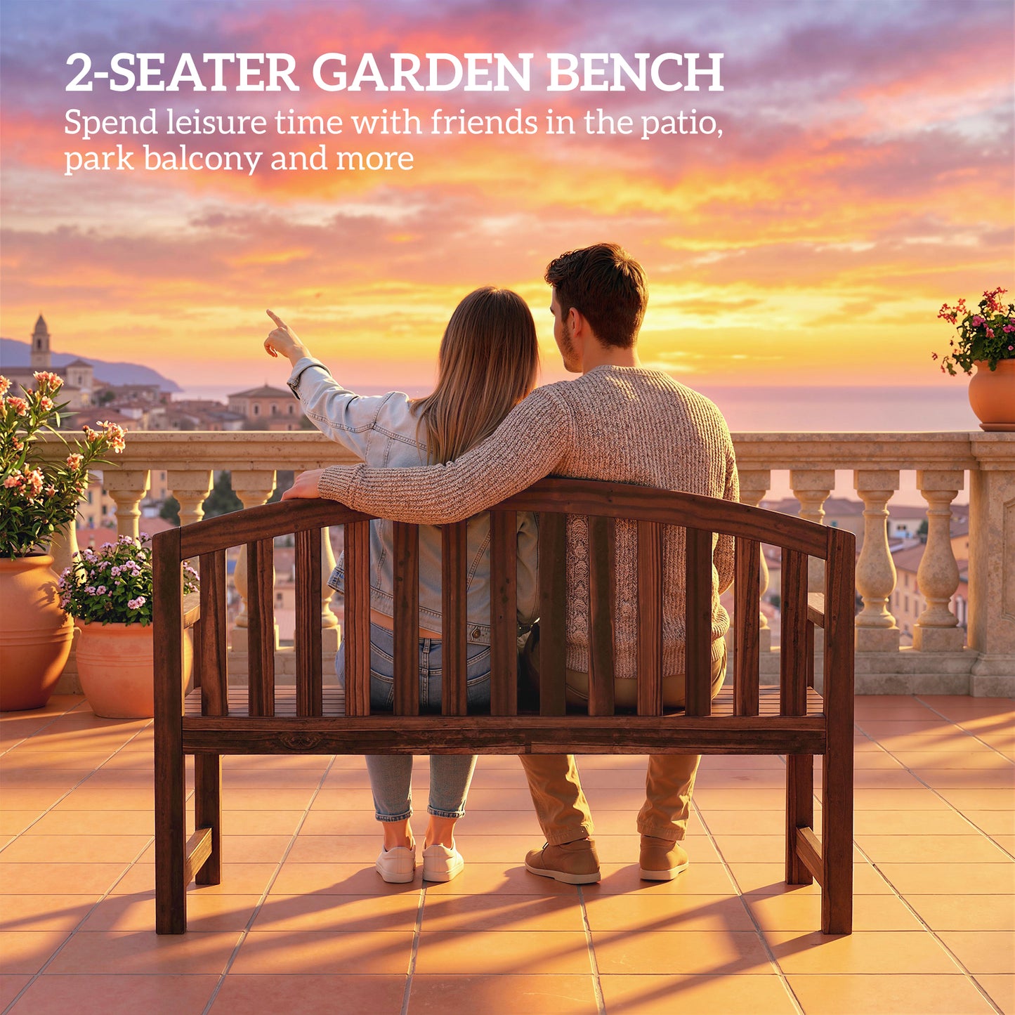 2 Person Garden Bench, Wooden Outdoor Furniture with Armrest
