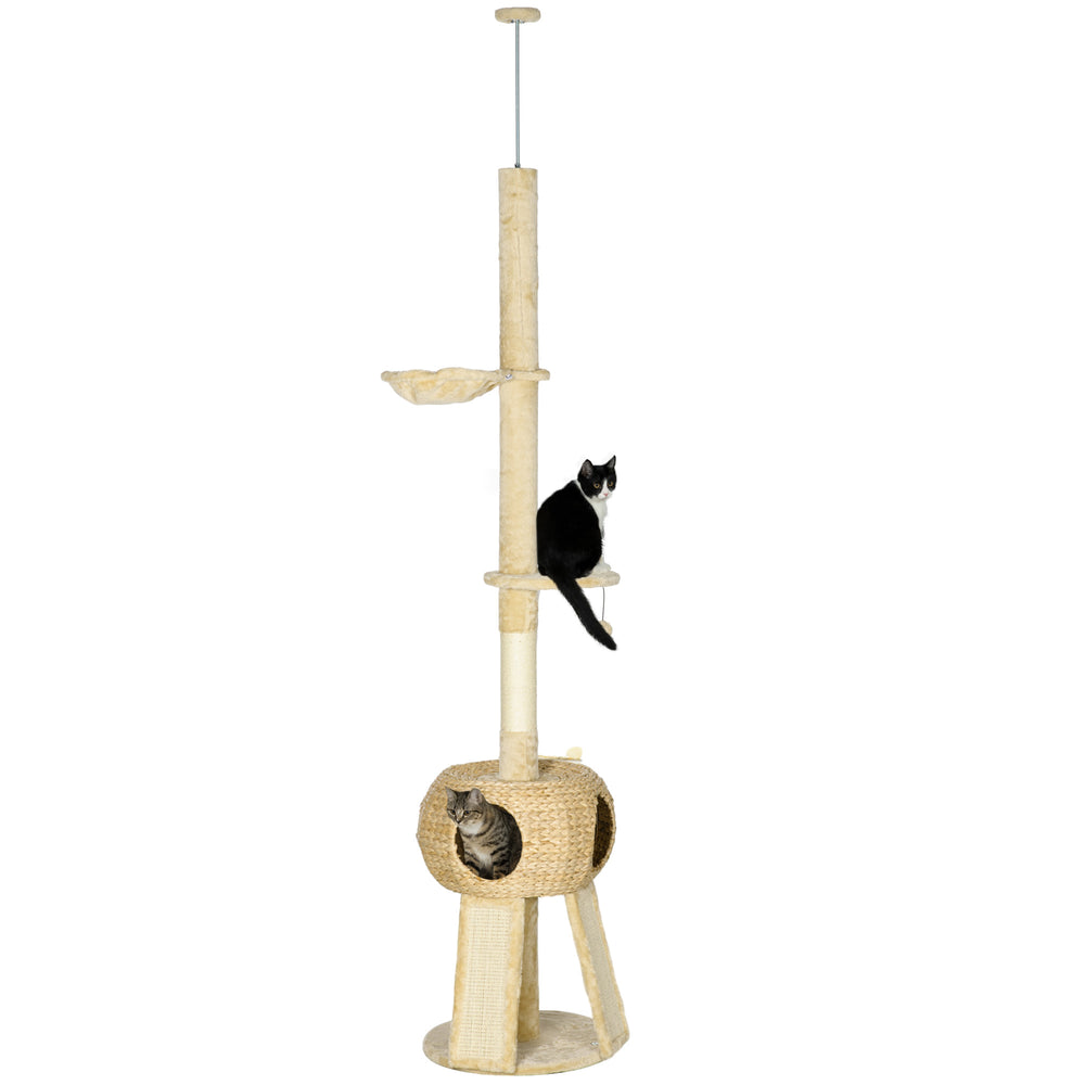 255cm Cat Tree Tower w/ Scratching Post, Cat House, Ball, Platform, Beige