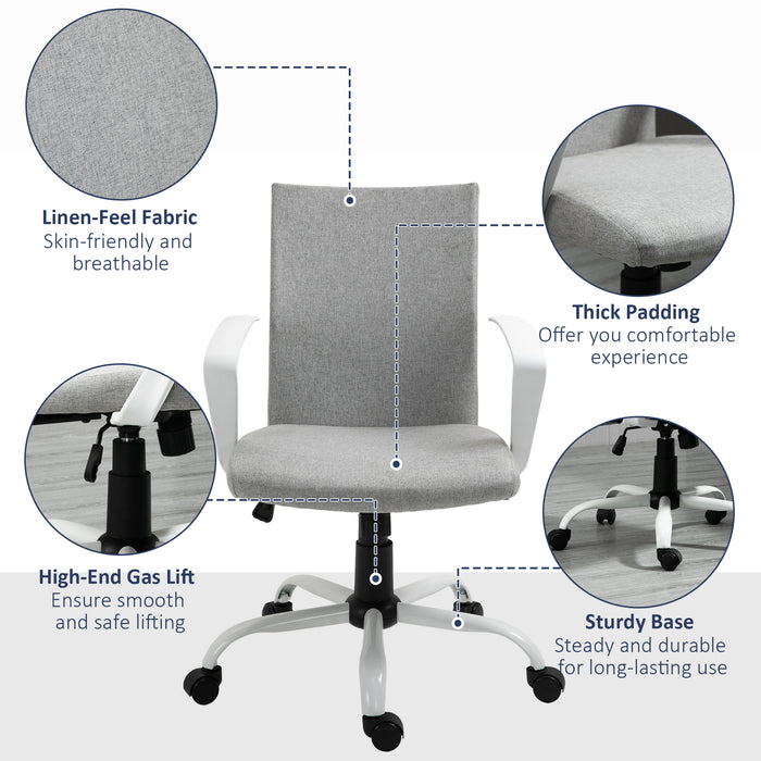 Office Chair Linen Swivel Computer Desk Chair Home Study Task Chair with Wheels, Arm, Adjustable Height, Grey