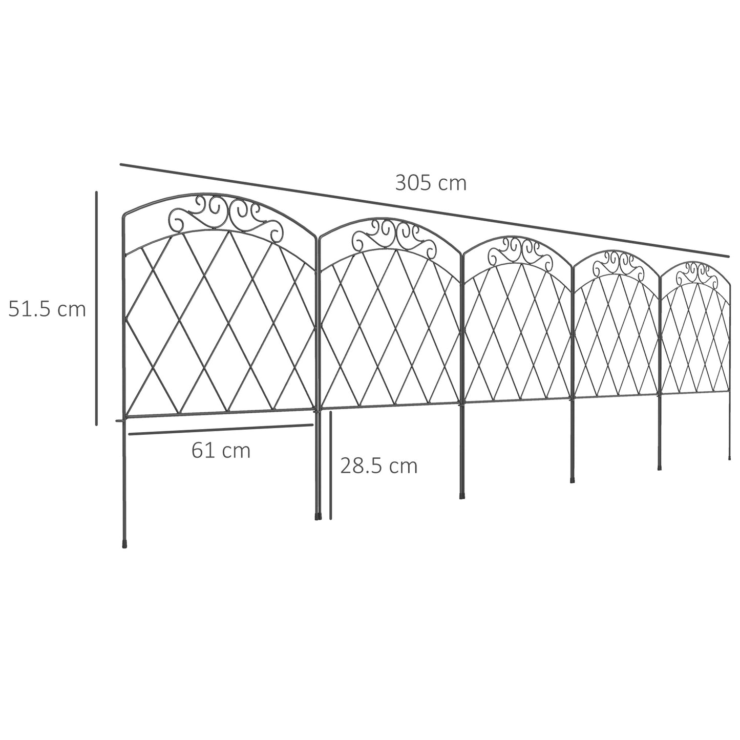 80 cm x 3 m Outdoor Picket Fence Panels with Panels, Swirls, Black
