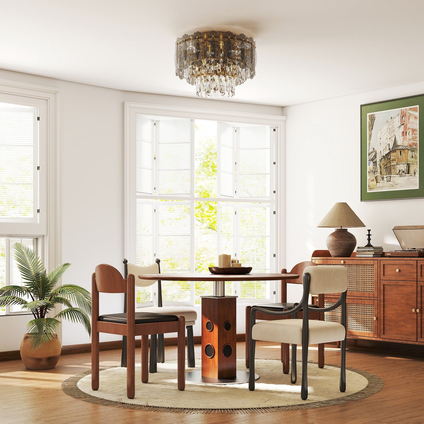 Vintage Ceiling Light with Dual Crystal and Smoke Glass Shade, Gold