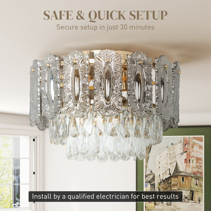 Vintage Ceiling Light with Dual Crystal and Smoke Glass Shade, Gold