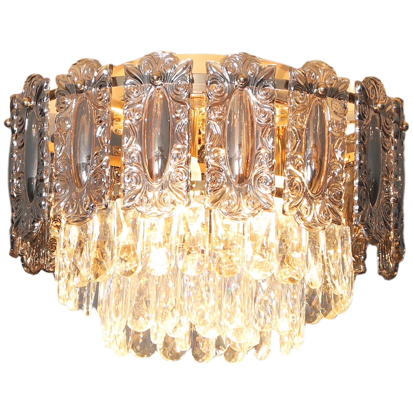 Vintage Ceiling Light with Dual Crystal and Smoke Glass Shade, Gold