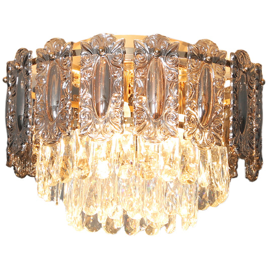 Vintage Ceiling Light with Dual Crystal and Smoke Glass Shade, Gold
