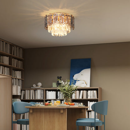 Vintage Ceiling Light with Dual Crystal and Smoke Glass Shade, Gold