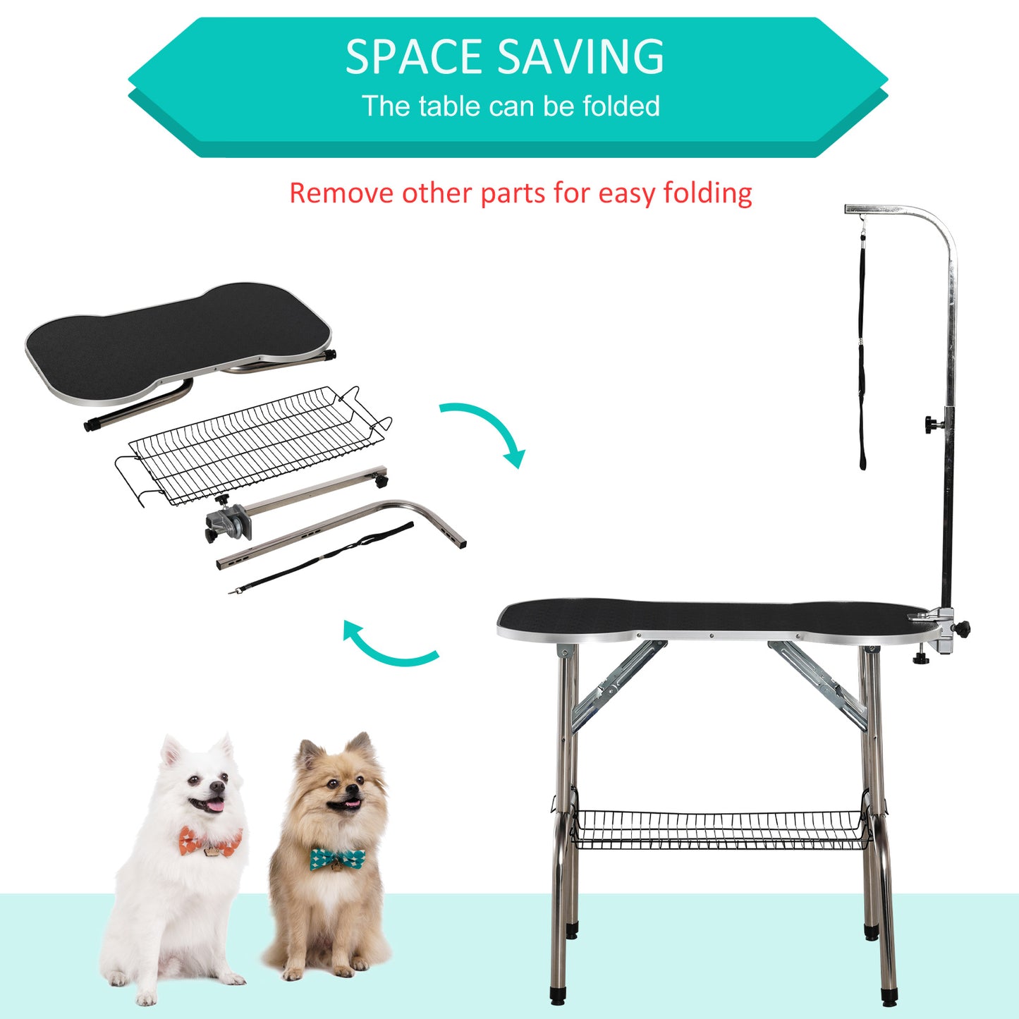 Foldable Dog Grooming Table Pet Drying Table with Adjustable Arm Non-Slip Rubber Tabletop Aluminium Alloy Edge Stainless Steel Bar Sling 94.5 x 55 x 81cm Black