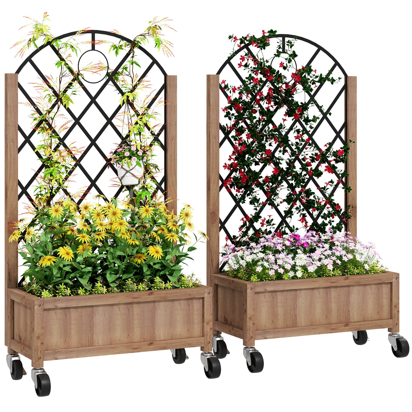 Pack of 2 Wooden Raised Bed, Outdoor Planter Box w/ Metal Trellis
