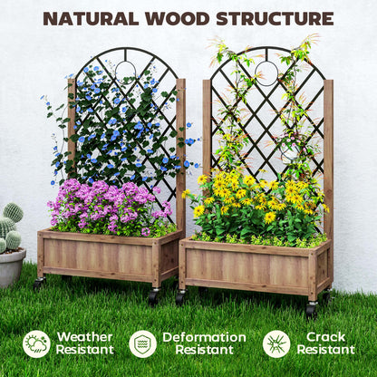 Pack of 2 Wooden Raised Bed, Outdoor Planter Box w/ Metal Trellis