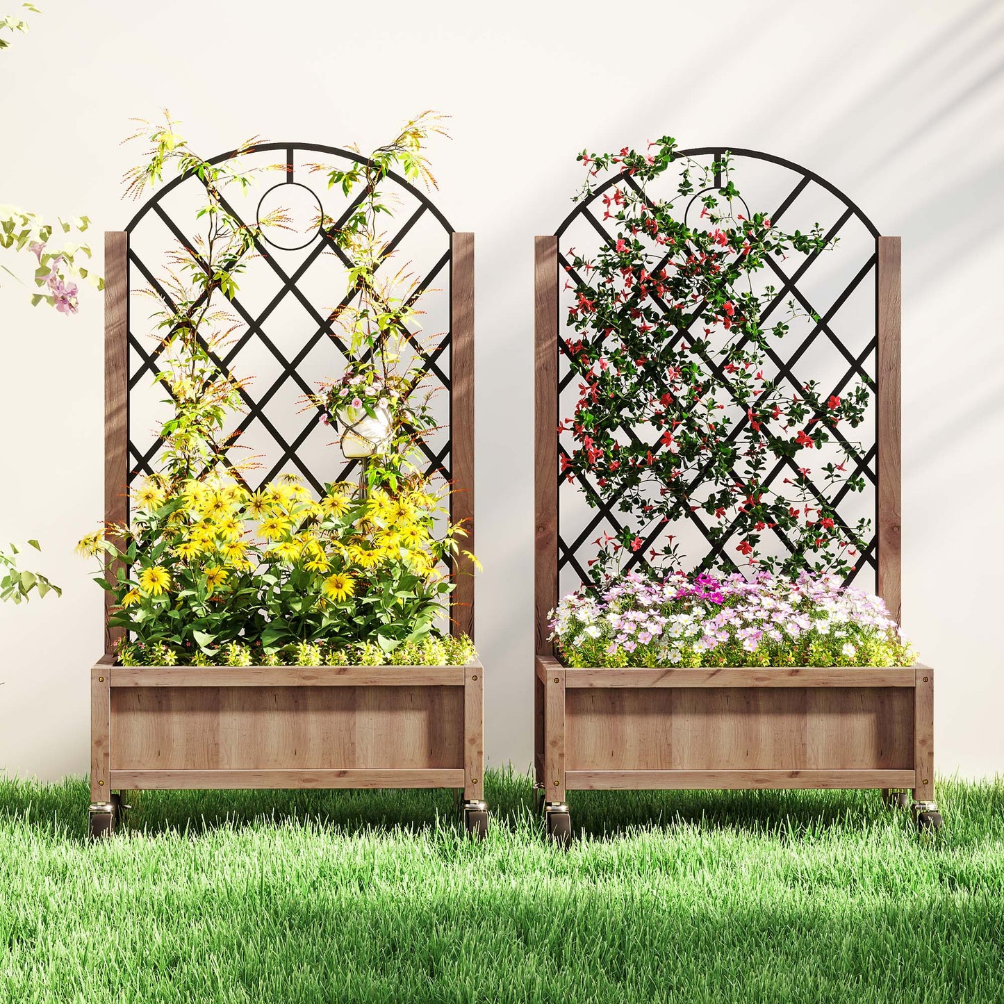 Pack of 2 Wooden Raised Bed, Outdoor Planter Box w/ Metal Trellis