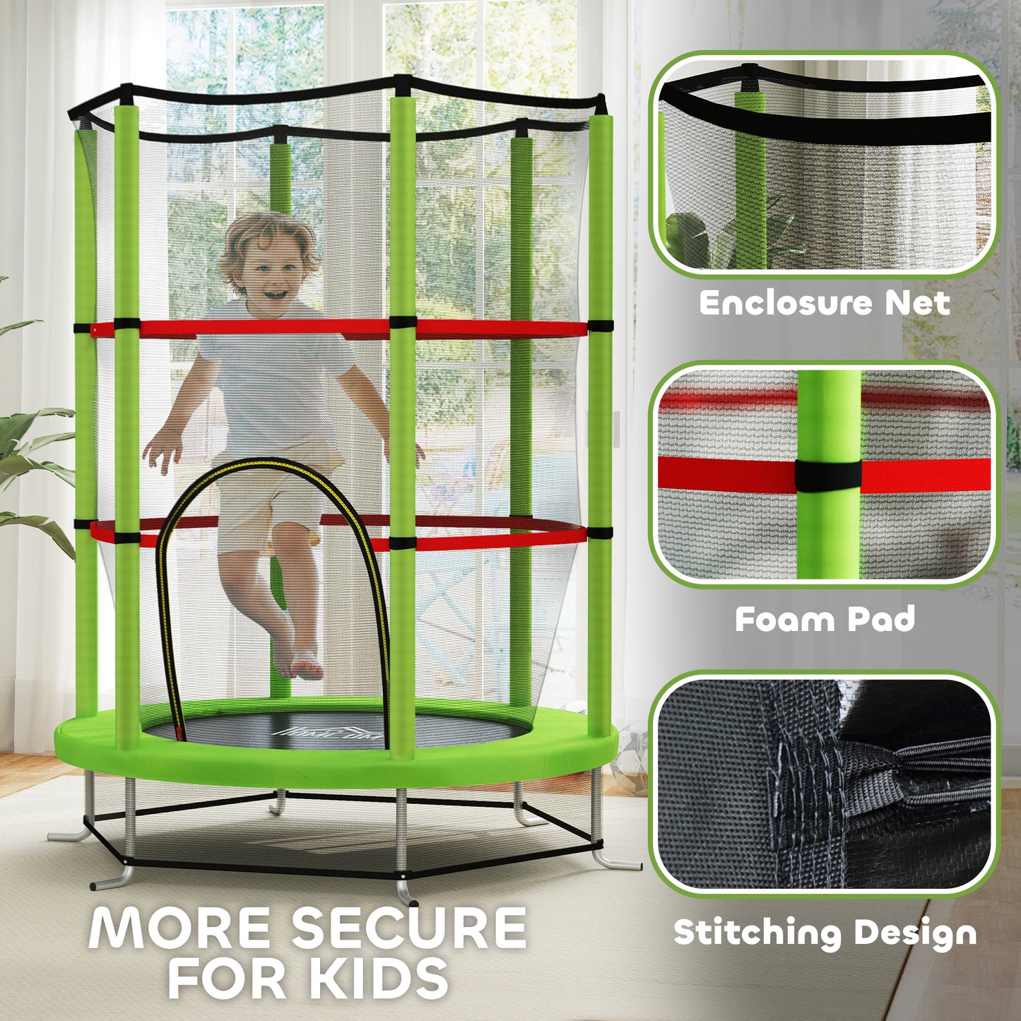 Kids Trampoline, with Enclosure Net, Steel Frame, for Ages 3-6 Years - Green