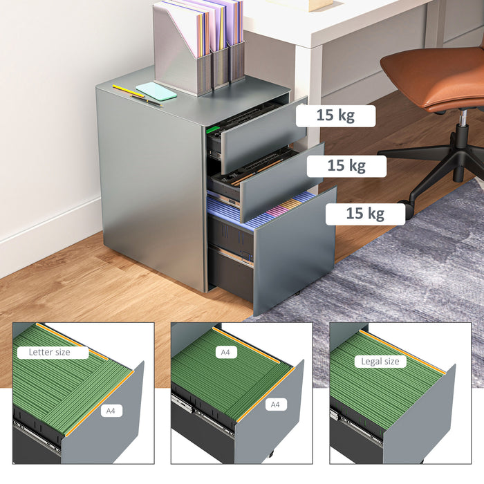 Lockable Cabinet, Rolling Filing Cabinet with 3 Drawers, Steel Office Drawer Unit for A4, Letter, Legal Sized Files