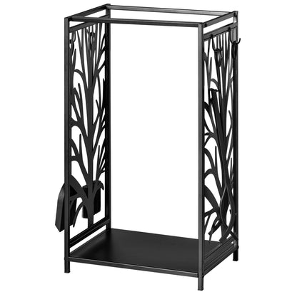 Steel Firewood Log Holder Indoor Outdoor Firewood Rack Fireplace Wood Storage Shelf with 4 Tools, Hooks, Tree Pattern Design, Rust-Resistant, Black, 46W x 30D x 70H cm