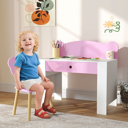 Kids Desk and Chair Set, Children Writing Table with Drawer, Pink