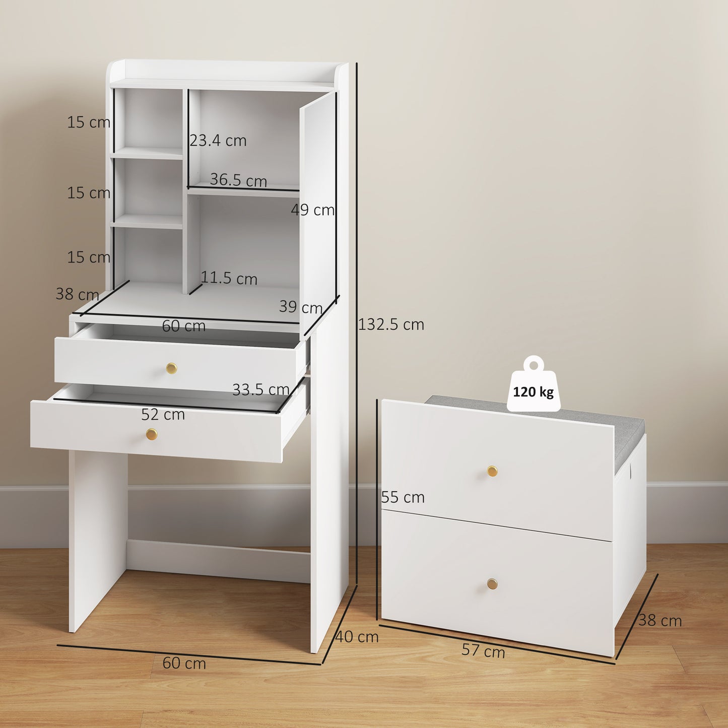 Dressing Table with Mirror and Mobile Storage Stool, Compact Vanity Table with Cabinet, Drawers, Open Shelves, Cushioned Seat, Modern Makeup Vanity Desk for Bedroom, White