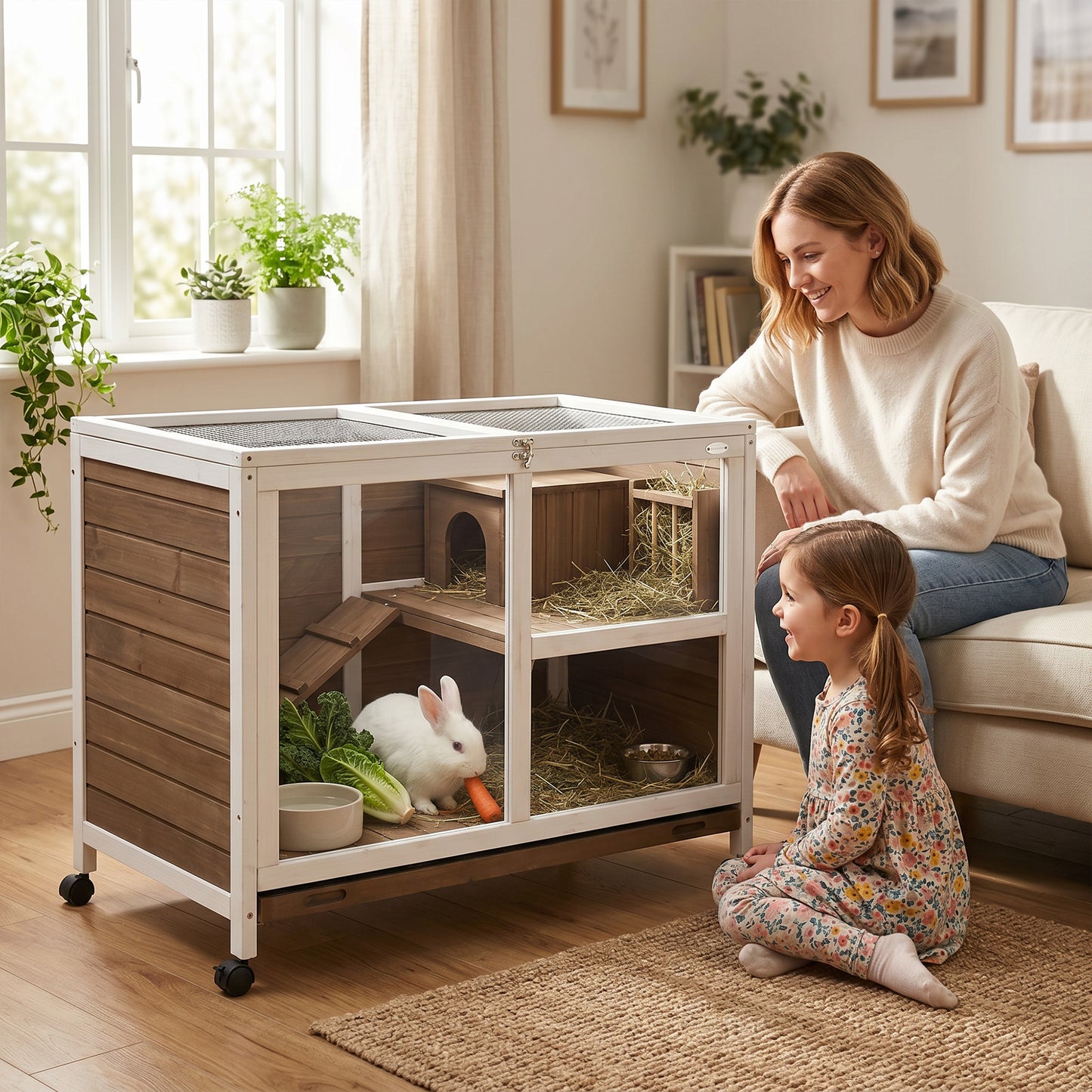 Wood Rabbit Hutch Bunny Cage Pet House Indoor W/ Tray Ramp, Brown