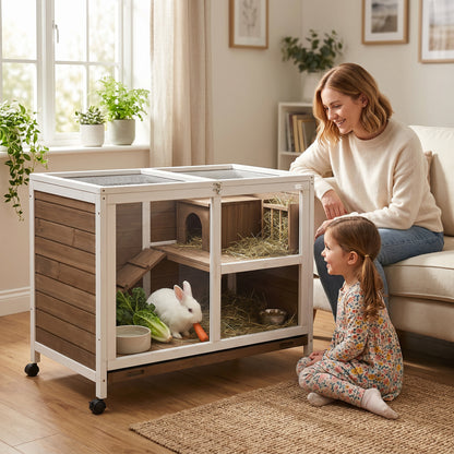 Wood Rabbit Hutch Bunny Cage Pet House Indoor W/ Tray Ramp, Brown
