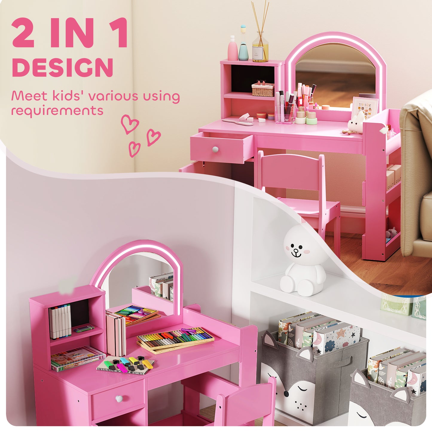 Girls Dressing Table with 2-Colour LED Mirror and Stool, Pink