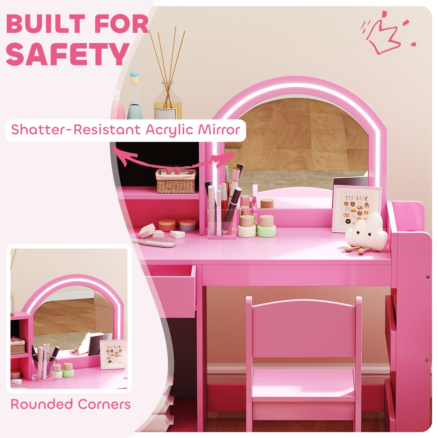 Girls Dressing Table with 2-Colour LED Mirror and Stool, Pink