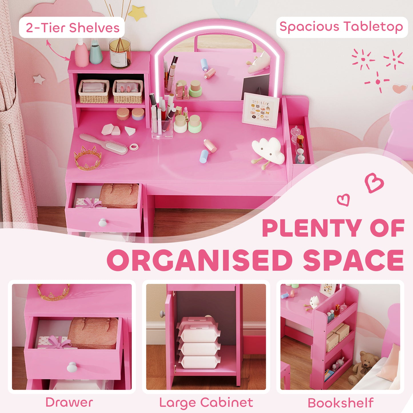 Girls Dressing Table with 2-Colour LED Mirror and Stool, Pink
