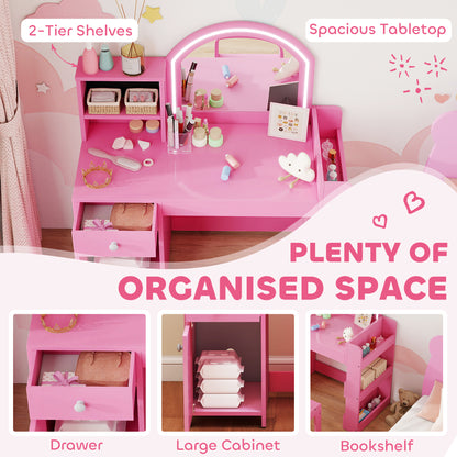 Girls Dressing Table with 2-Colour LED Mirror and Stool, Pink
