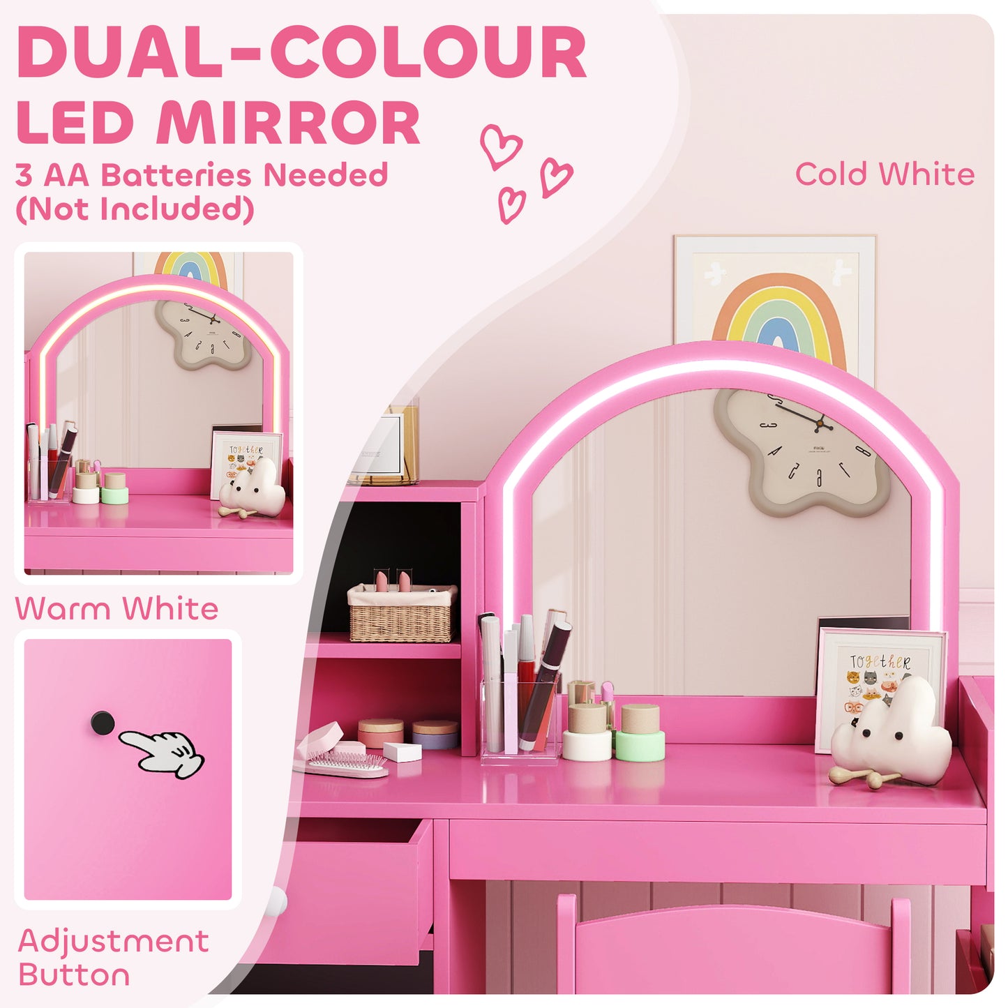 Girls Dressing Table with 2-Colour LED Mirror and Stool, Pink