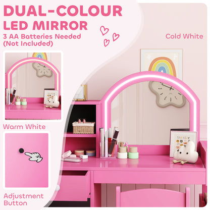Girls Dressing Table with 2-Colour LED Mirror and Stool, Pink