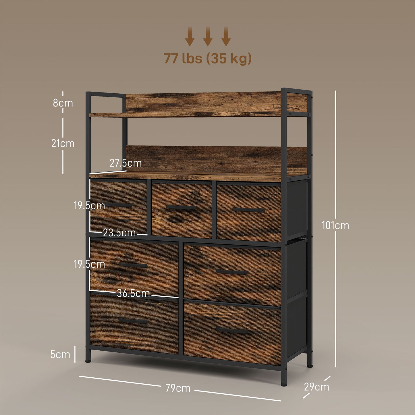 Bedroom Chest of Drawers 7 Drawer Dresser w/ Shelves, Rustic Brown