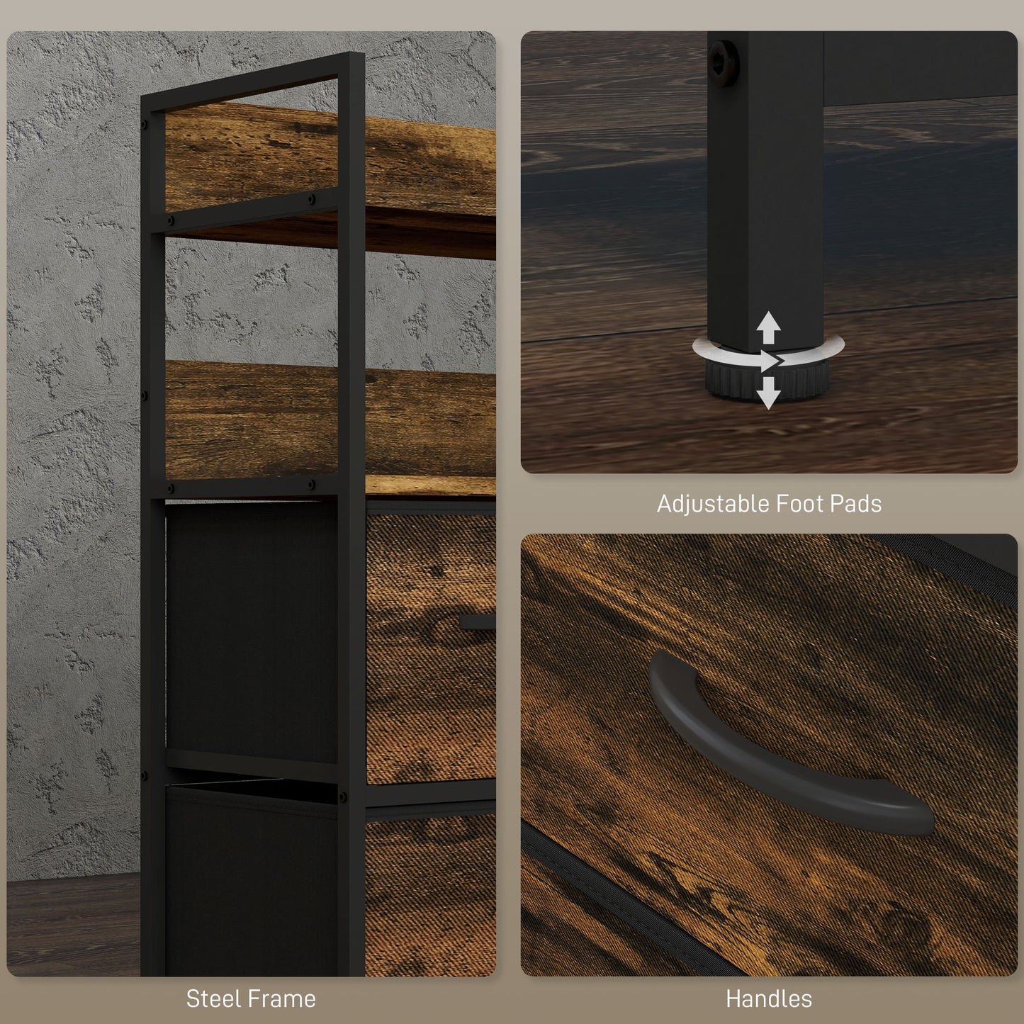 Bedroom Chest of Drawers 7 Drawer Dresser w/ Shelves, Rustic Brown