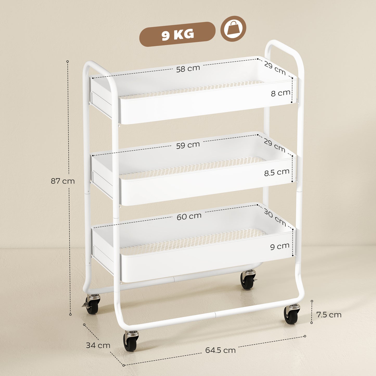 3-Tier Storage Trolley, Storage Cart with Mesh Backets, Wheels, White