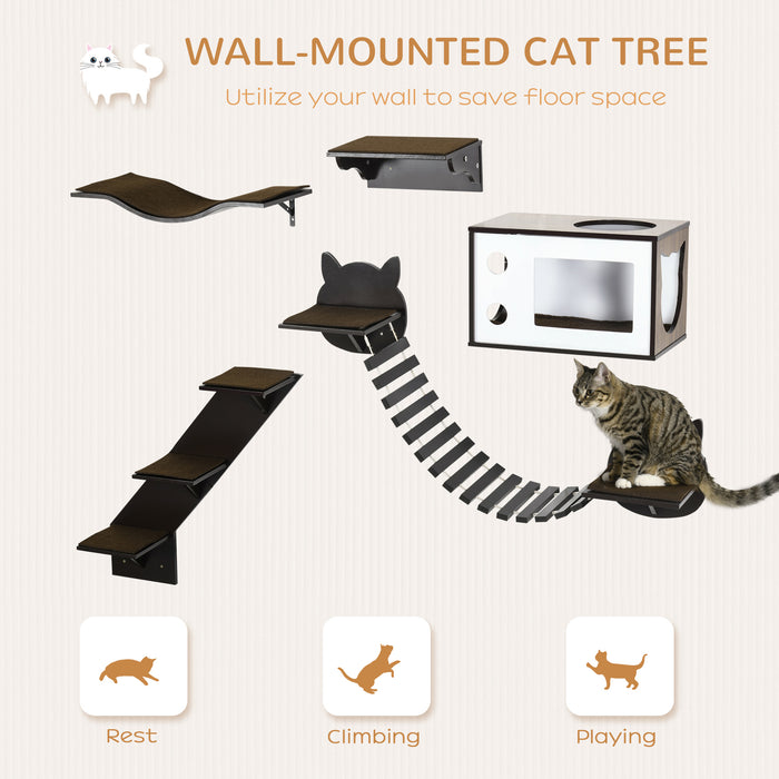 5 Pieces Cat Wall Shelves with Curved Platform, Cat Condo, Bridge, Stairs, and Perch, Wall Mounted Cat Tree for Indoor Use, Brown