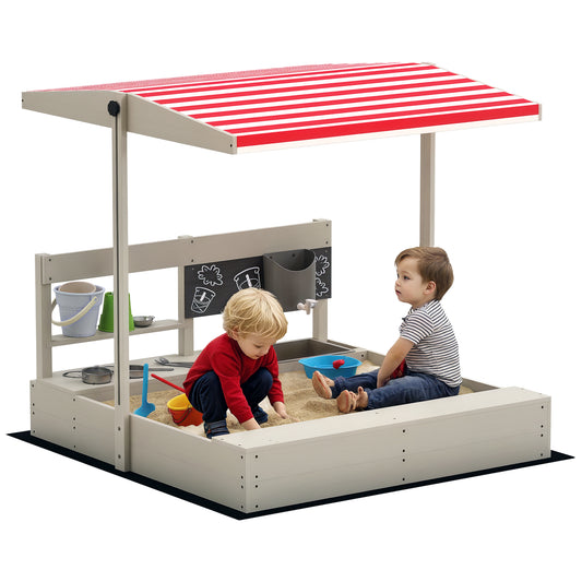 Kids Wooden Sandbox w/ Canopy, Kitchen Toys, Seat, Storage, for Outdoor