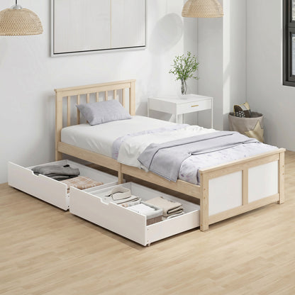 Storage Bed with 2 Drawers, Headboard, Wood Slat Support, Natural