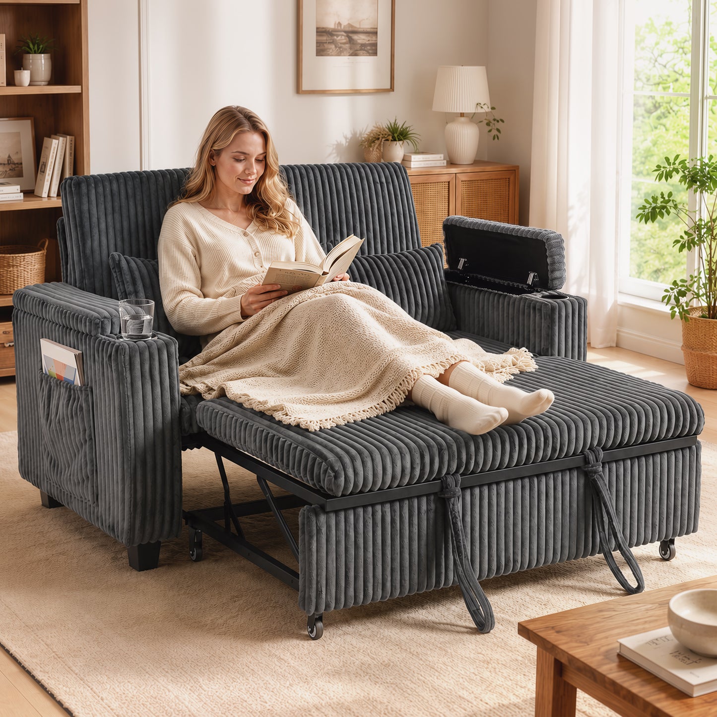 2 Seater Sofa Bed, 3-in-1 Corduroy Pull Out Sleeper Sofa, Dark Grey