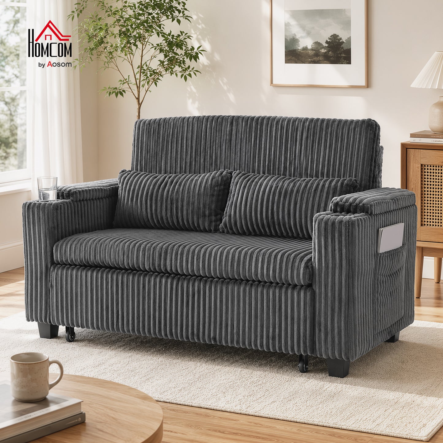 2 Seater Sofa Bed, 3-in-1 Corduroy Pull Out Sleeper Sofa, Dark Grey
