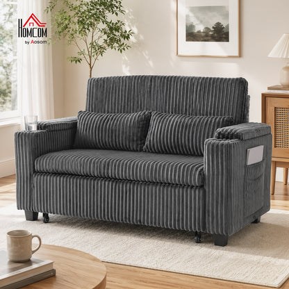 2 Seater Sofa Bed, 3-in-1 Corduroy Pull Out Sleeper Sofa, Dark Grey