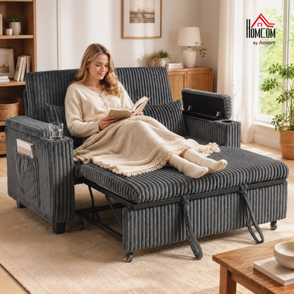2 Seater Sofa Bed, 3-in-1 Corduroy Pull Out Sleeper Sofa, Dark Grey