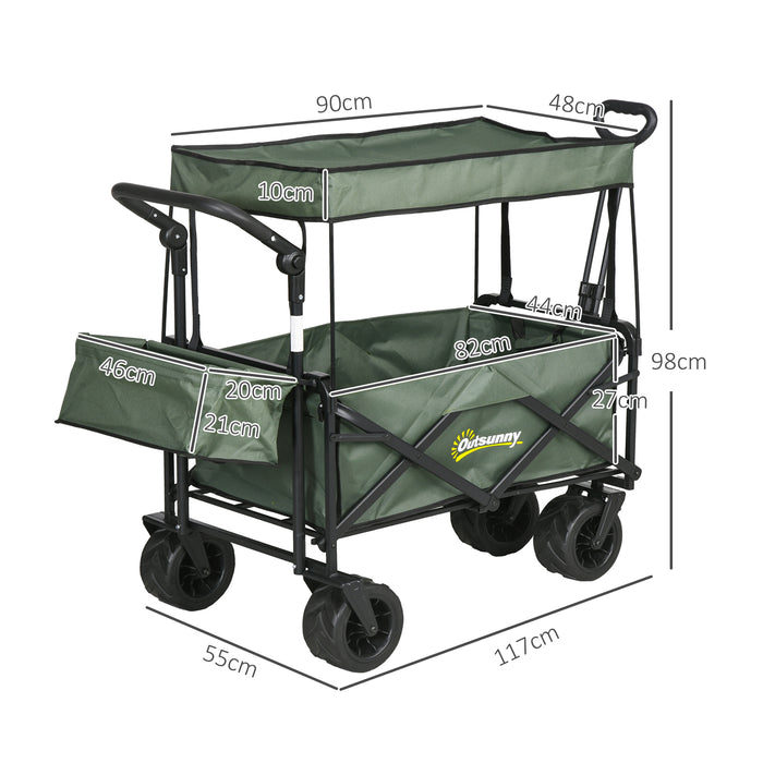 Folding Trolley Cart Storage Wagon Beach Trailer 4 Wheels with Handle Overhead Canopy Cart Push Pull for Camping, Green