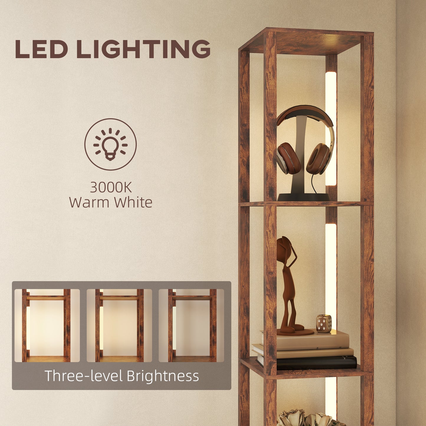 Floor Lamp with Shelves, LED Standing Lamp with Fabric Drawer, Brown