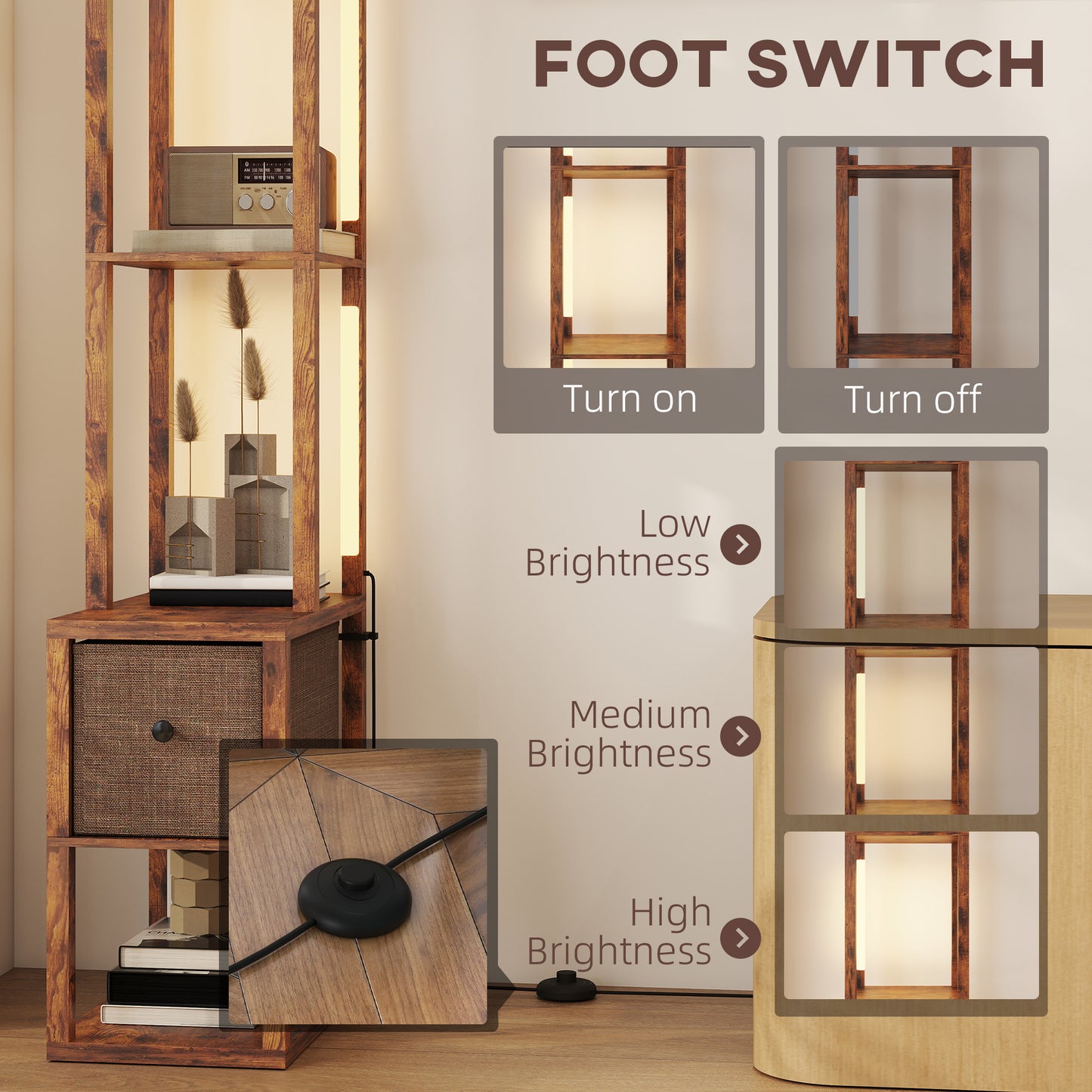 Floor Lamp with Shelves, LED Standing Lamp with Fabric Drawer, Brown