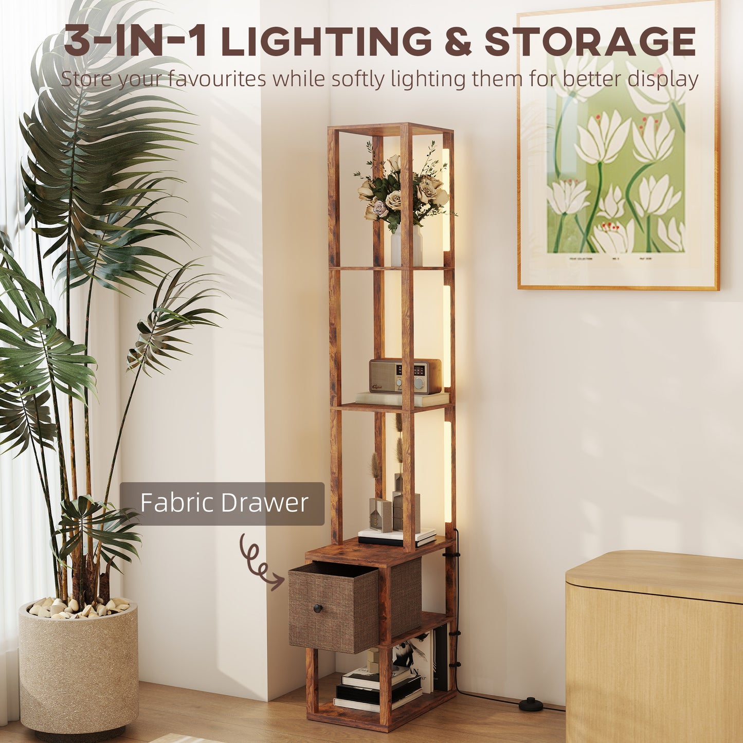 Floor Lamp with Shelves, LED Standing Lamp with Fabric Drawer, Brown