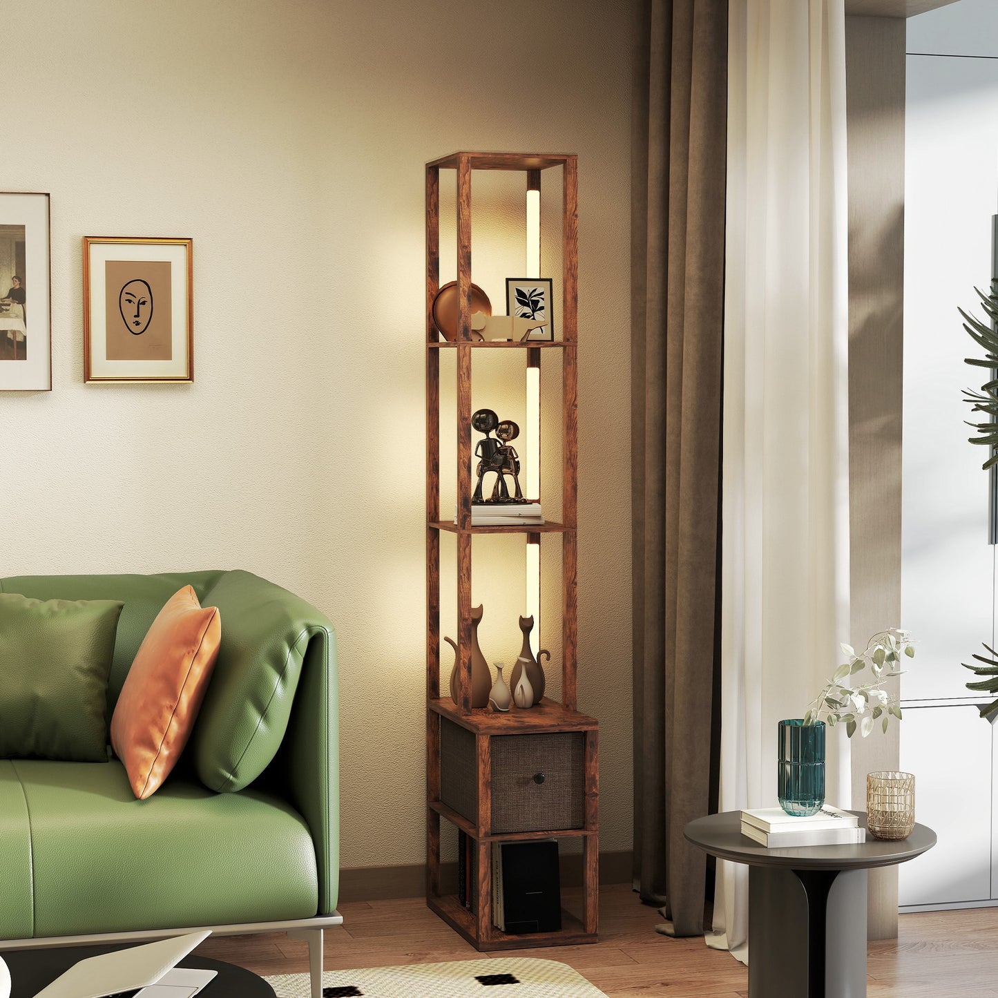 Floor Lamp with Shelves, LED Standing Lamp with Fabric Drawer, Brown